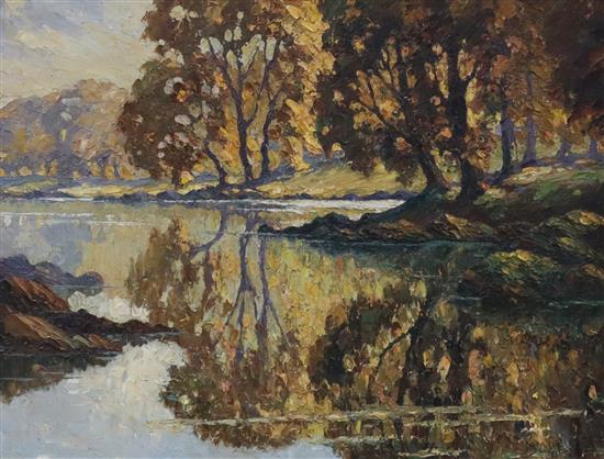 Ronald Ossary Dunlop (1894-1973), oil on board, Autumn river landscape, signed, 35 x 45cm